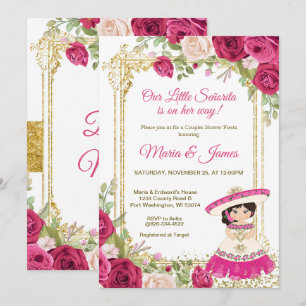 Rosa Red Flowers Mexican Fiesta par Shower Inbjudningar