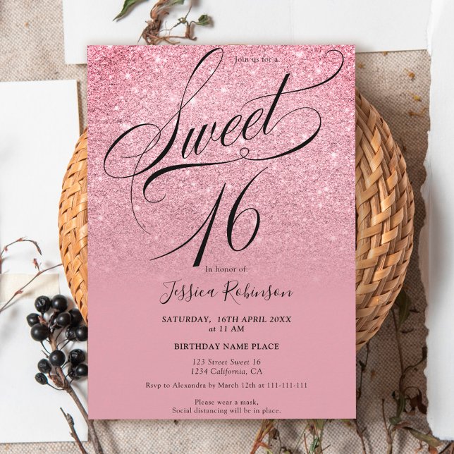 Rosa Red glitter ombre chic script lila Sweet 16 Inbjudningar (Skapare uppladdad)