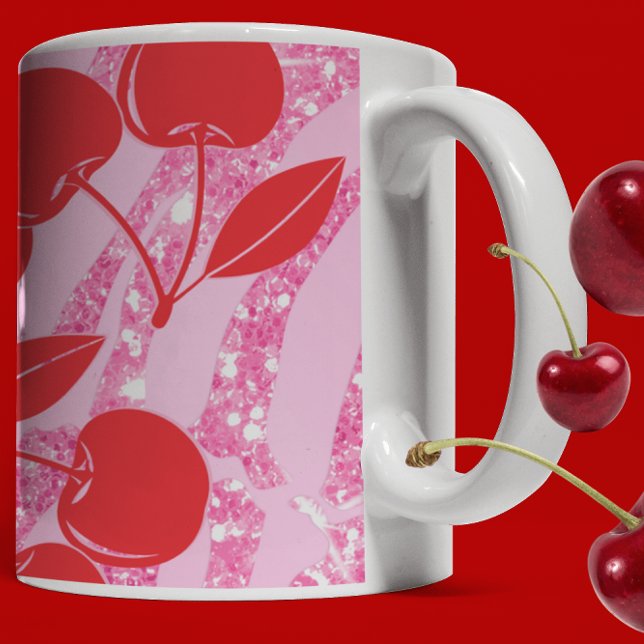 Rosa Red Glitter Zebra Cherries Kaffemugg (Skapare uppladdad)