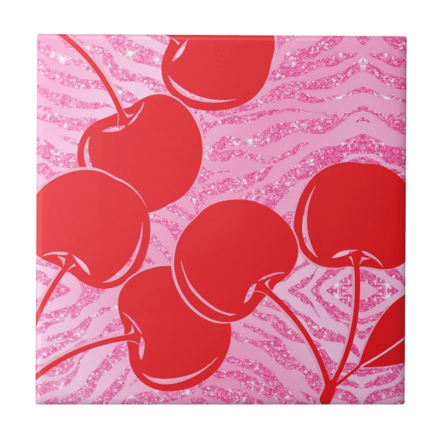 Rosa Red Glitter Zebra Cherries Kakelplatta (Framsidan)