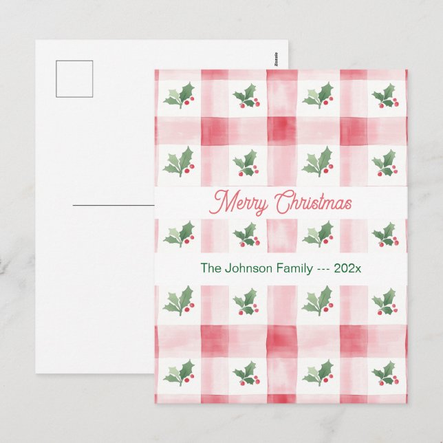 Rosa Red Grönt Retro jul Mönster Helg Vykort (Fram/baksida)