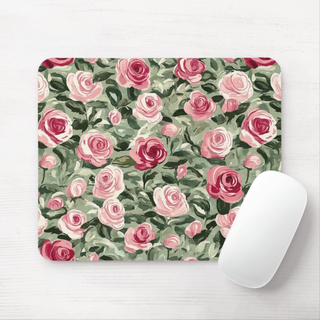 Rosa Red Grönt Ro Blommigt Musmatta (Med mus)
