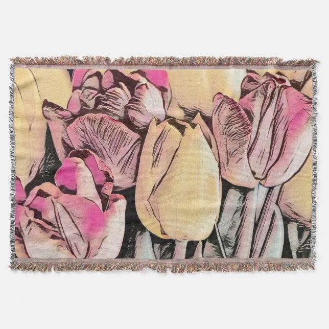 Rosa Red Gult Tulips Retro Teckning Filt (Framsidan)