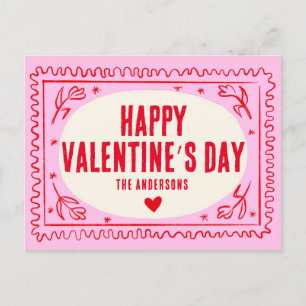 Rosa Red Hand Print Retro Lycklig Valentine Day Vykort