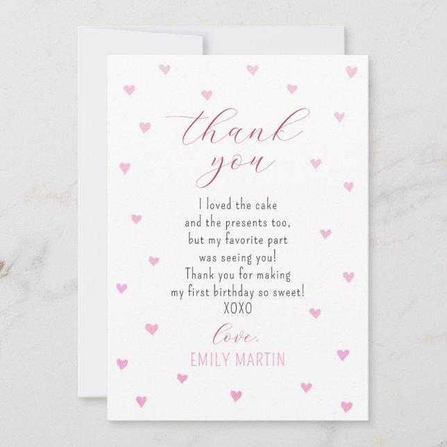 Rosa Red Hearts 1:a födelsedagen Tack Kort (Framsida)