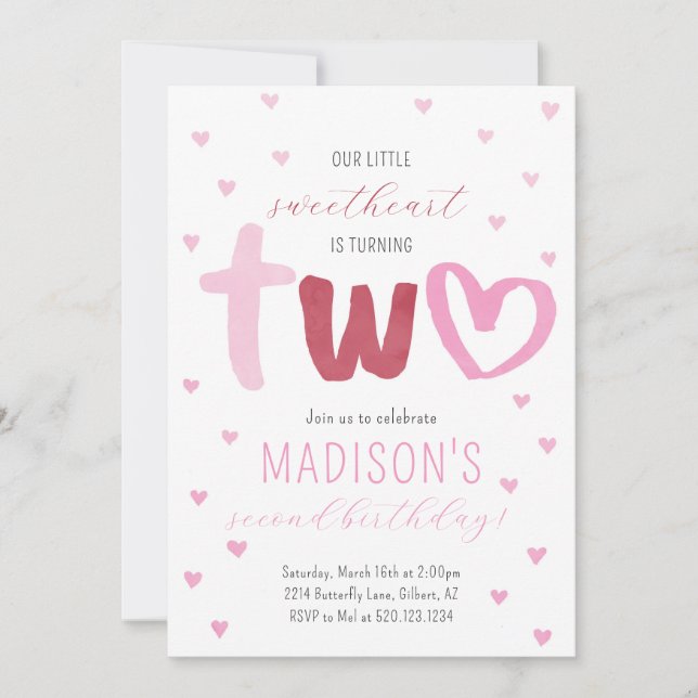 Rosa Red Hearts 2:a födelsedagen Inbjudningar (Framsida)