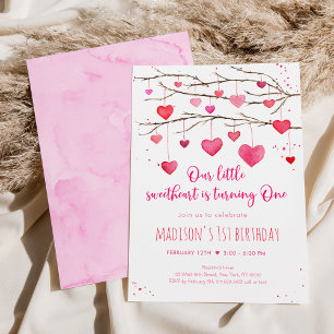 Rosa Red Hearts första födelsedag Inbjudningar