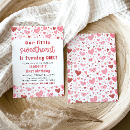 Rosa Red Hearts Little Baby Baby First Birthday Inbjudningar
