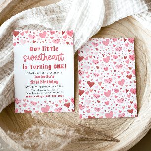 Rosa Red Hearts Little Baby Baby First Birthday Inbjudningar