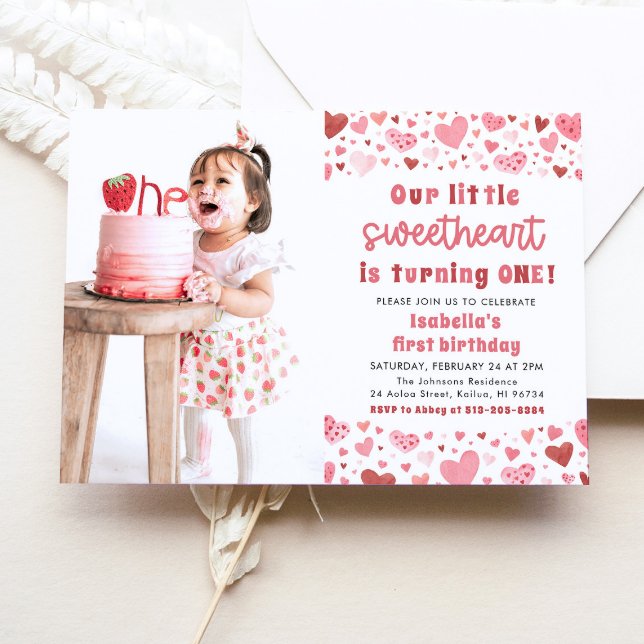 Rosa Red Hearts Little Baby Baby First Birthday Inbjudningar (Skapare uppladdad)
