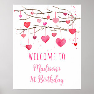 Rosa Red Hearts, raring Birthday Välkomna Poster