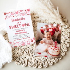 Rosa Red Hearts Sweet One Valentine First Birthday Inbjudningar