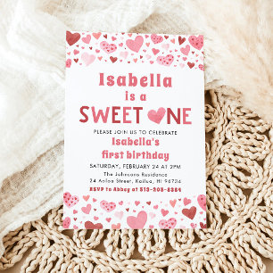 Rosa Red Hearts Sweet One Valentine First Birthday Inbjudningar