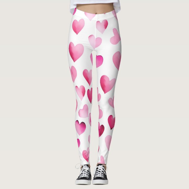 Rosa Red Hearts Valentines Mönster Leggings (Framsida)