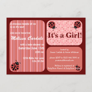 Rosa Red Ladybug Baby Shower-inbjudningar Flickor Inbjudningar