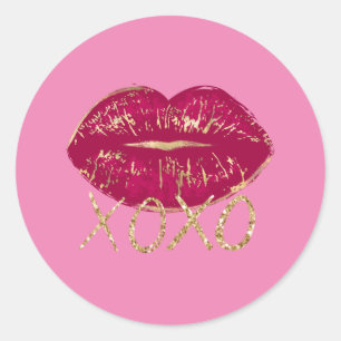 Rosa Red Läppar Kiss Guld Glitter XOXO Runt Klistermärke