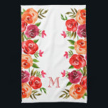 Rosa Red Orange Flowers Monogrammed Kökshandduk<br><div class="desc">Blommönster av rött,  orange,  rosa och blommor och grönt löv på ANY FÄRG BACKGROUND - vi visar vitt. Anpassa med ett monogram,  initialer,  namn,  eller säga dig själv,  en gåva,  en bröllop-gåva eller gåva till mors dag.</div>