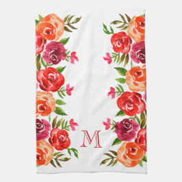 Rosa Red Orange Flowers Monogrammed Kökshandduk