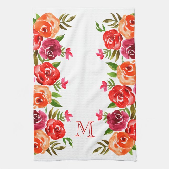 Rosa Red Orange Flowers Monogrammed Kökshandduk (Vertikal)