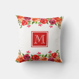Rosa Red Orange Flowers Monogrammed Kudde