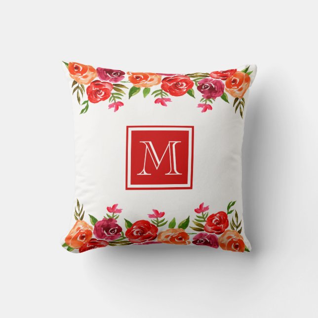 Rosa Red Orange Flowers Monogrammed Kudde (Framsida)
