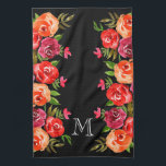 Rosa Red Orange Flowers on Black Kökshandduk<br><div class="desc">Blommönster av rött,  orange,  rosa och blommor och grönt löv på ANY FÄRG BACKGROUND - vi visar svart. Anpassa med ett monogram,  initialer,  namn eller ordspråk. Underbar för dig själv,  en gåva,  bröllop-gåva,  en gåva till husuppvärmning eller för mors dag.</div>