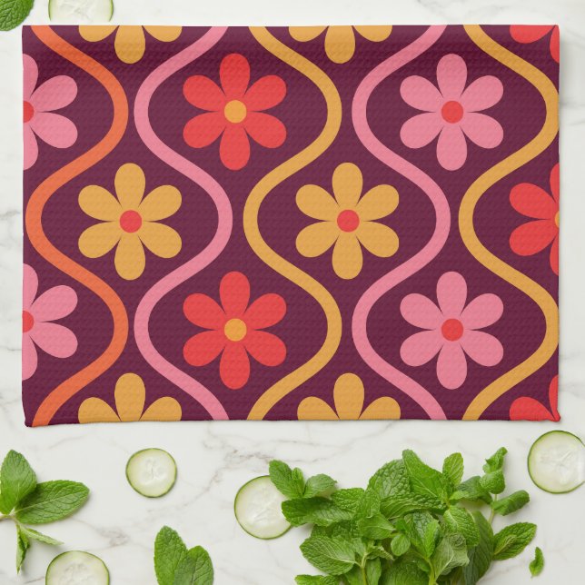 Rosa Red Orange Flowers on Retro Ogee Mönster Kökshandduk (Vikta)