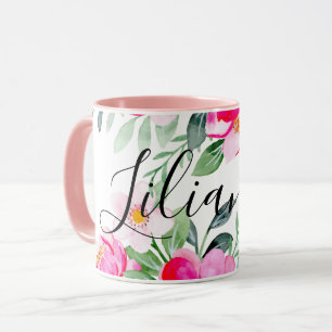 Rosa Red Pastel Flowers Watercolor Blommigt Add Na Mugg