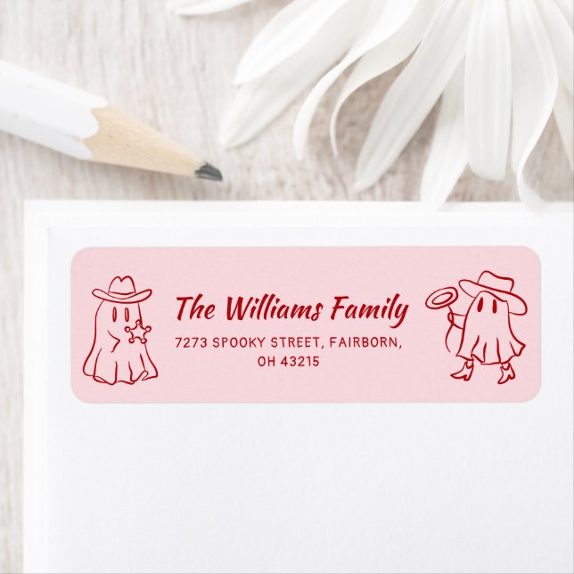 Rosa Red Quirky Hand plockade Cowboy Ghost Hallowe Returadress Etikett (Insitu)