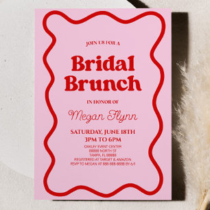 Rosa Red Retro Vågigt Gräns Möhippa Brunch Inbjudningar
