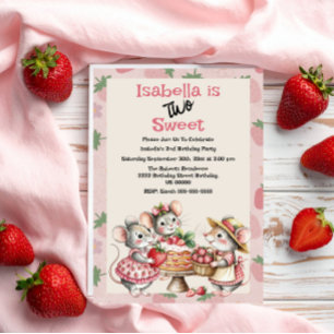 Rosa Red Two Sweet Strawberry 2:a födelsedagen Par Inbjudningar