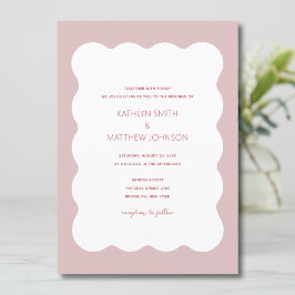 Rosa Red Vågigt Gräns Modern Retro Bröllop Inbjudningar