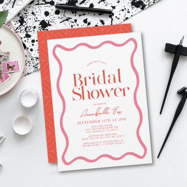 Rosa & Red Vågigt Ram Trendig Möhippa Inbjudningar (Skapare uppladdad)