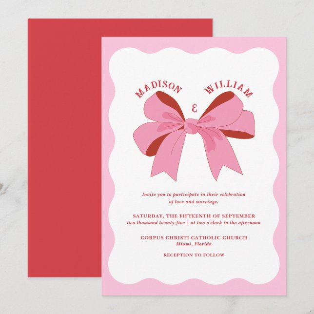 Rosa Red Vågigt Retro-bröllopsinbjudan Inbjudningar (Fram/baksida)