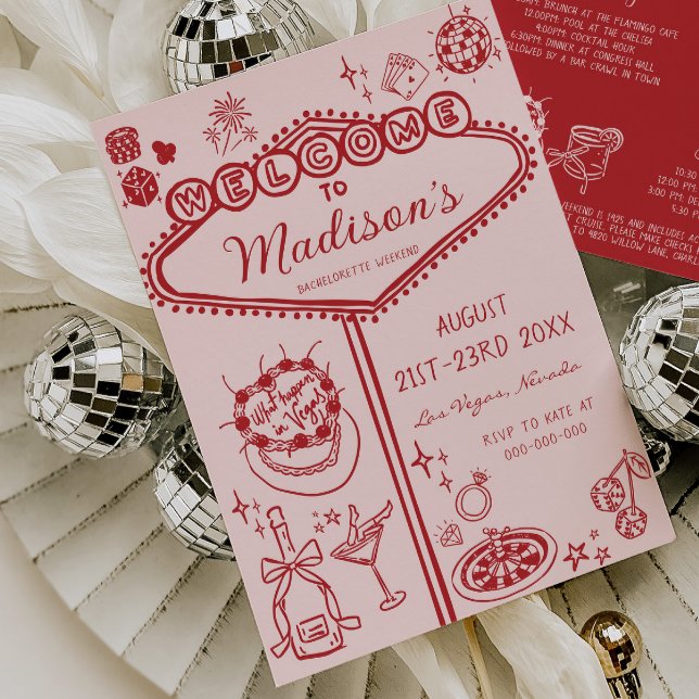 Rosa Red Vegas Bachelorette Helg Itinerary Inbjudningar (Skapare uppladdad)