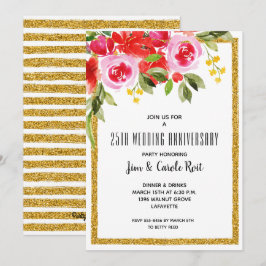 Rosa Red Watercolor Blommigt -årsdag Inbjudan