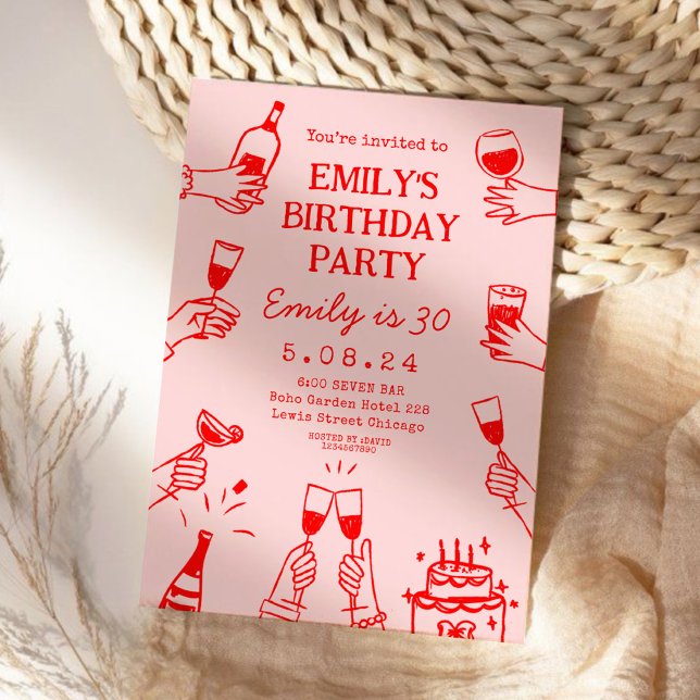 Rosa Red Whimsical Hand Teckning Funky Birthday Inbjudningar (Skapare uppladdad)