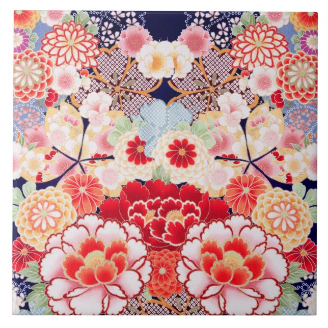 ROSA RED WHITE FLOWERS Peony,Ro Japansk Blommigt Kakelplatta (Framsidan)