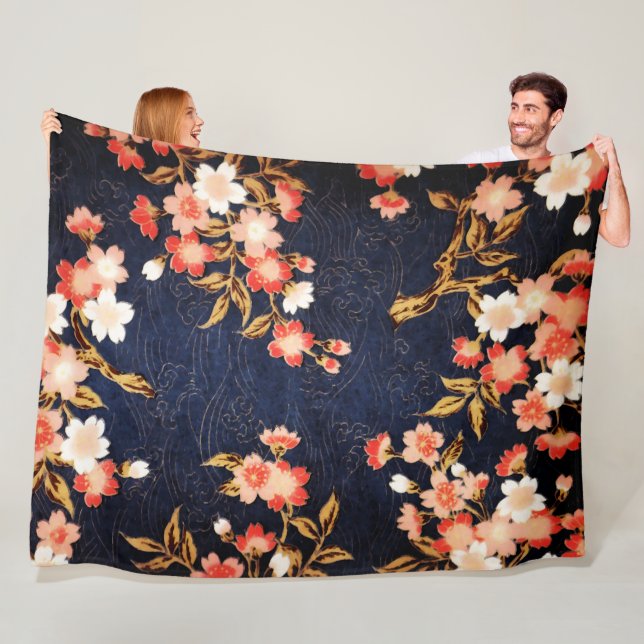 ROSA RED WHITE VÅR BLOMMOR , DEEP BLUE BLOMMIGT FLEECEFILT (På plats)