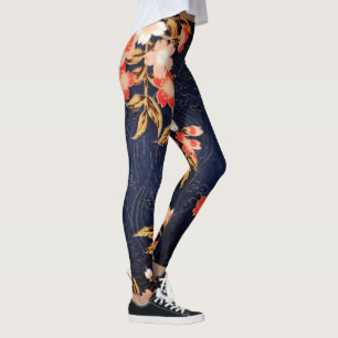 ROSA RED WHITE VÅR BLOMMOR DEEP BLUE BLOMMIGT LEGGINGS