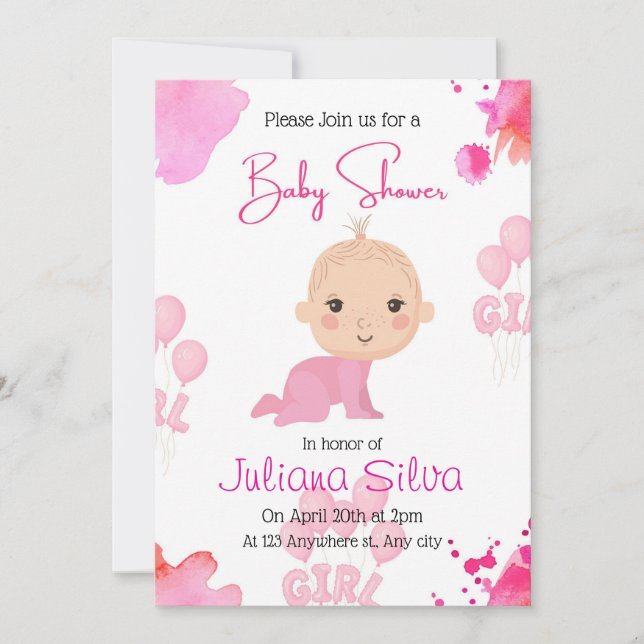 rosa redigerbar baby shower-inbjudan för flicka inbjudningar (Framsida)