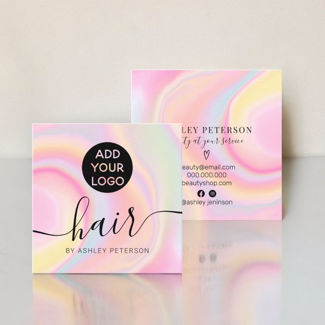 rosa regnbåge enmajsmarmor, logotyp av grovhår fyrkantigt visitkort (pink rainbow unicorn marble girly hair logo square business card)