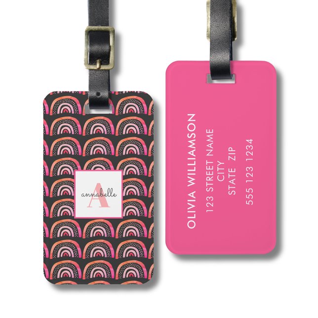 Rosa regnbåge första namn bagagebricka (Personalized rainbow monogram luggage tag)