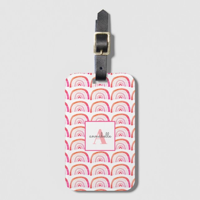 Rosa regnbågsmonogram initial bagagebricka (Framsida vertikal)