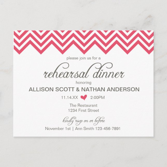 Rosa Rehearsal Dinner Invite Postcard med Chevron- Inbjudan Vykort (Framsida)