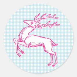 Rosa Reindeer Blue Gingham Runt Klistermärke
