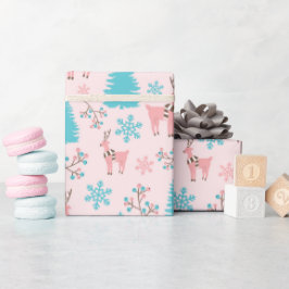 Rosa Reindeer Blue Gräs Träd & Berry Gren Presentpapper