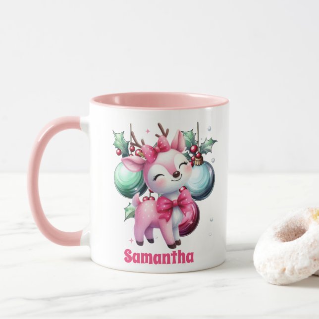 Rosa Reindeer jul Kids Hett Chocolate Mugg (Med munk)