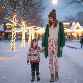 Rosa Reindeer och Träd Helgdag Leggings