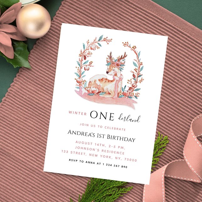 Rosa Reindeer Winter Onederland Girl 1st Birthday Inbjudningar (Skapare uppladdad)
